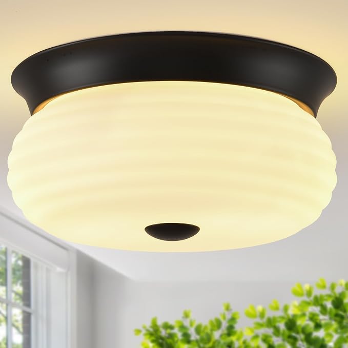 Black Flush Mount Ceiling Light Fixtures, 2-Light Ceiling Mount for Modern with Clear Milk Glass Shade, Industrial Flush Mount Light Fixture Farmhouse for Hallway Kitchen Bedroom Entryway Foyer