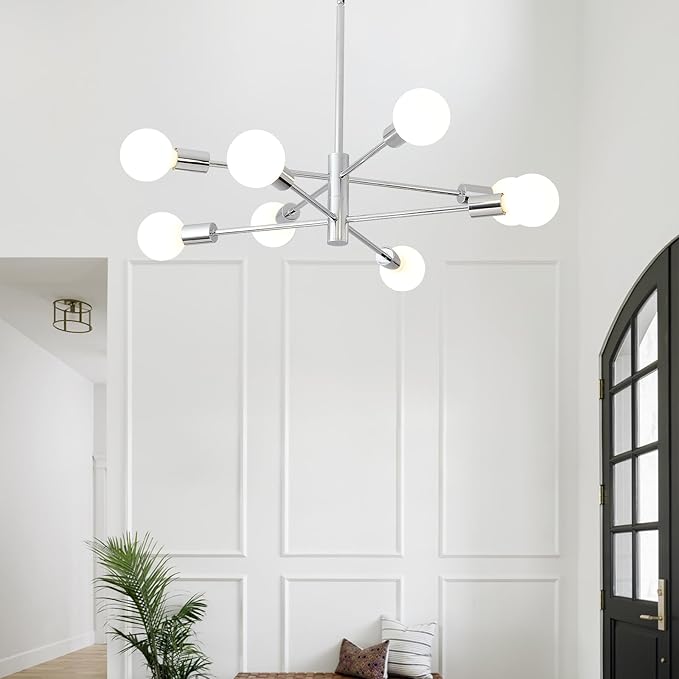 HHR Modern Sputnik Light Fixture, 8-Light Chrome Mid Century Ceiling Chandelier, Height Adjustable Farmhouse Chandeliers for Living Dining Room Kitchen Island Over Table