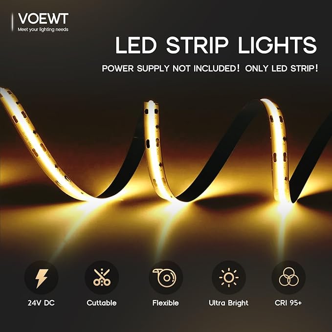 COB LED Strip Lights Neutral White 4000K,32.8ft 24V High CRI 95Ra+ Super Bright,Flexible Tape Lights for Bedroom,Mirror,Kitchen Cabinet, Living Room(Power Supply Not Included)