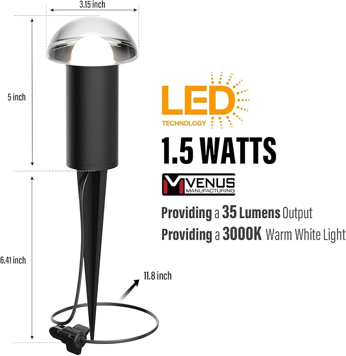 Low Voltage Landscape Pathway Lighting 6PK 1.5W LED Mushroom Lights 35Lumen Wired Walkway Light 3000K Warm White Driveway & Sideway Lights Metal Black Finish with Connector Stake