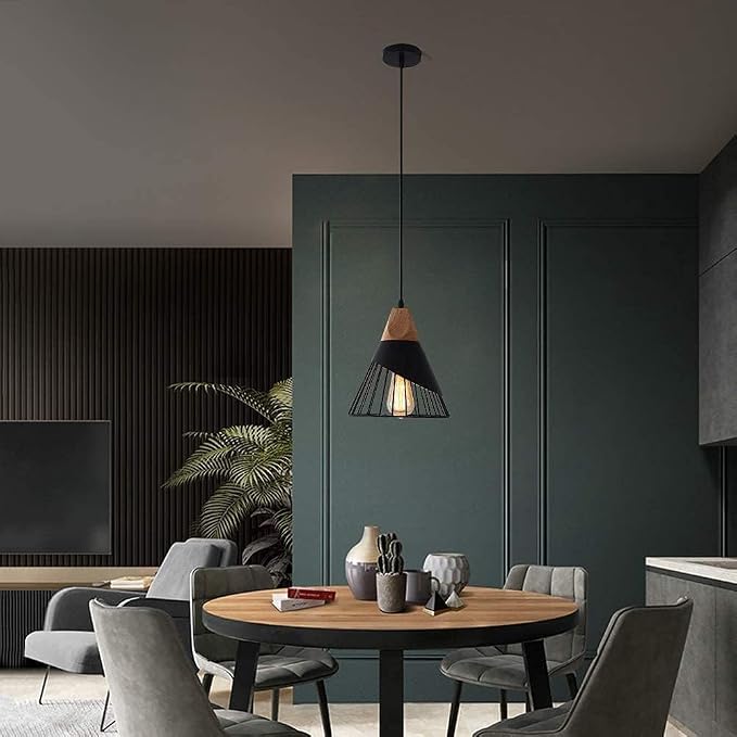 Pendant Light Black,Pendant Lights Kitchen Island,Wood Pendant Light,Adjustable Height Hanging Light Fixture for Kitchen Island Dining Room Bar Bedroom Hallway