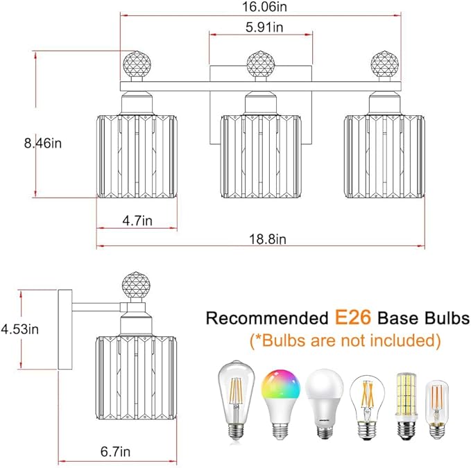 Bathroom Vanity Lights Over Mirror - Easy Installation with Clear Guide, 3-Light Shadow-Free Design, Black and Gold Crystal Finish - for Modern Home Bathroom Lighting Fixtures in DIY Projects