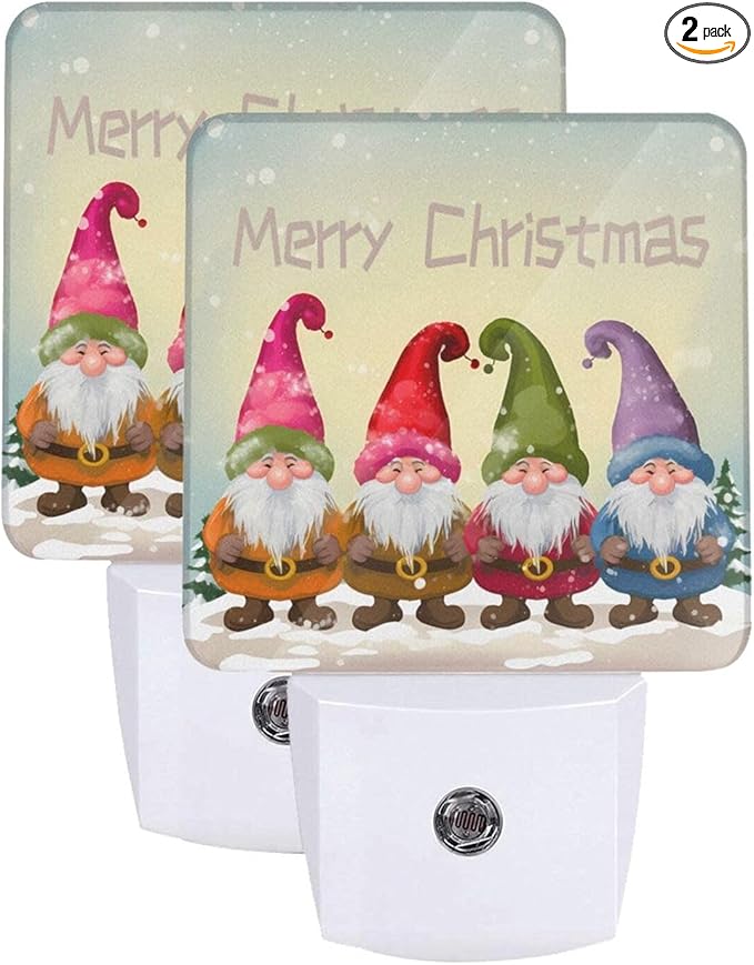 Colorful Christmas Gnome Night Light Set of 2, Winter Snowflake Auto Sensor LED Dusk-to-Dawn Nightlights, Plug-in Sensor Lamp for Bedroom Bathroom Kitchen Hallway Stairs Decorative