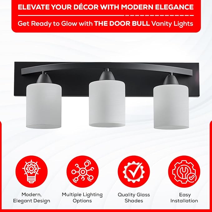 3-Light Bathroom Vanity Bar Light Fixture - Matte Black | Modern Frosted glass shades with E26 socket. Matte Wall sconce lighting perfect over mirror, kitchen, hallway, or entryway