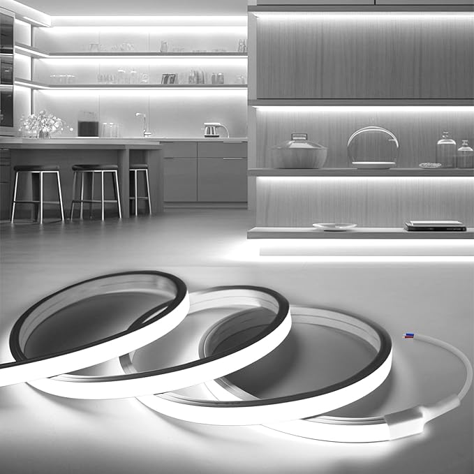 LED Strip Lights Daylight White 6000K,16.4ft 12V Neon Rope Lights,Flexible Silicone Outdoor Waterproof Neon Strip Lights for Mirror,Kitchen,Cabinet,DIY Lighting(Power Supply Not Included)
