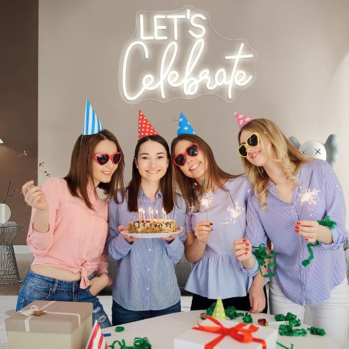 Let's Celebrate Neon Sign Warm White LED Neon Lights for Wall Decor | USB-Powered Neon Signs for Living Rooms, Dining Rooms,Thanksgiving and Party Decorations(15"x10.6")