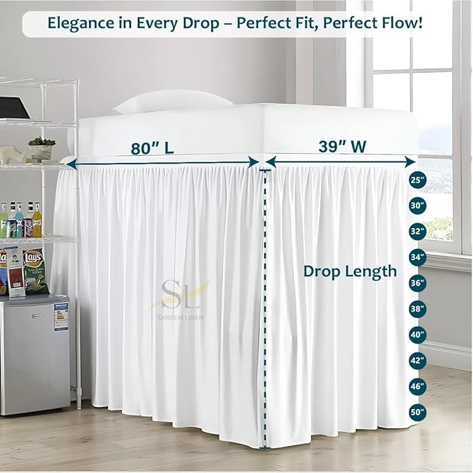 Shreem Linen Dorm Room Bed Skirt Twin XL 32 Inch Drop, 100% Microfiber Extra Long Bedskirt, White
