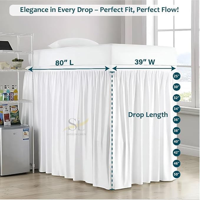 Shreem Linen Dorm Room Bed Skirt Twin XL 42 Inch Drop, 100% Microfiber Extra Long Bedskirt, White