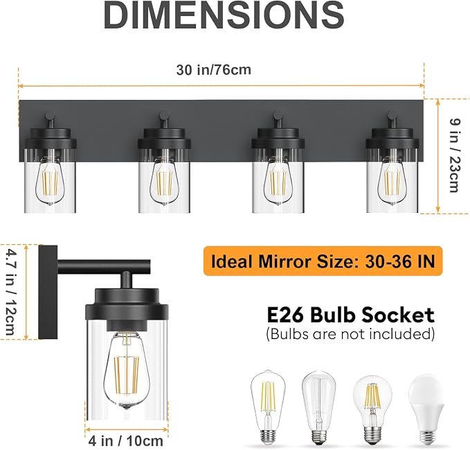 IZORRO Bathroom Vanity Light Fixture, 4-Light 30 Inch Matte Black Bathroom Light Fixtures Over Mirror, with Clear Glass Shade, Modern Farmhouse Vanity Lights, Rustic Restroom Lighting Fixtures