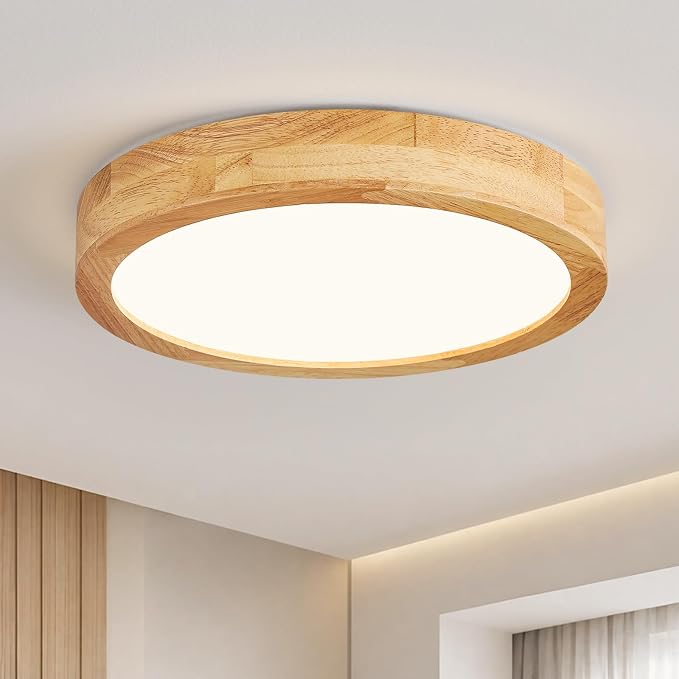 Pevfah Modern Dimmable 11.81in Wood Flush Mount Ceiling Light, 5CCT LED Round Close to Ceiling Lighting Fixtures, Minimalist Ceiling Lamp for Bedroom, Kitchen, Hallway, Laundry Room