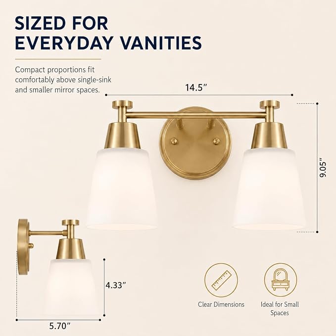 2-Light Bathroom Vanity Light, Gold Finish with Milk Glass Shades, Over Mirror, for Bathroom Vanity