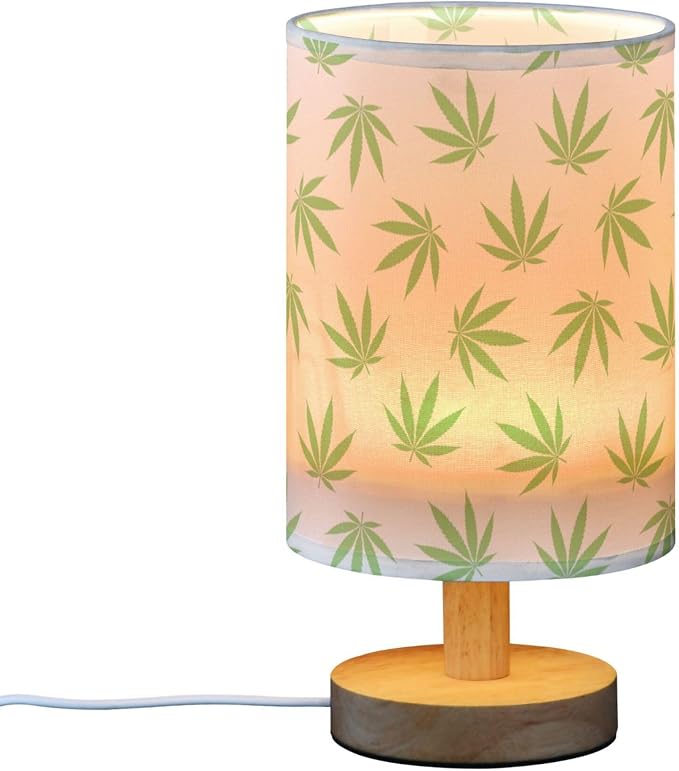 Table Lamp Green Marijuana Leaf Cannabis Weed Leaves on White Nightstand Lamp with Wood Base Fabric Lamp Shade Bedside Desk Lamp for Living Room Bedroom Kids Room Office