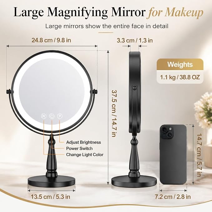 Vanity Mirror with Lights, 10X Magnifying Mirror with Light for Women, 2000 mAh Makeup Mirror with Lights and 3 Colors, 360 Degree, 2-Sided, 9 Inch, Black