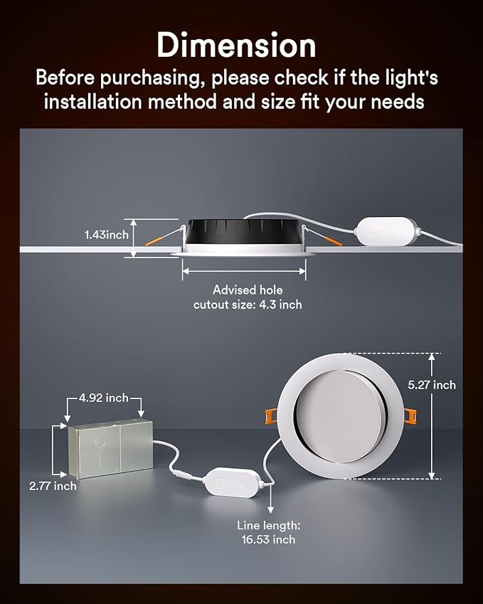 Lumary Smart Gimbal Recessed Lighting 4 Inch with Remote, RGBWW WiFi Ceiling Light 355° Swivel & 20° Tilt, Work with Alexa Google, Adjustable LED Can Lights Canless with J-Box, 780lm CRI90, 4Pack