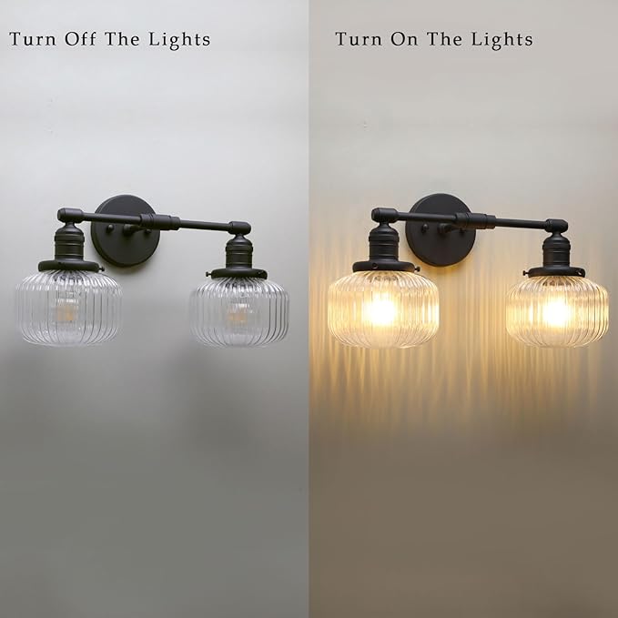 Phansthy Vintage Hardwired Sconces Wall Lighting, Bathroom Vanity Light Fixtures Antique Brass, Modern Wall Light with Clear Striped Glass Shade for Bedroom Fireplace Hallway (Black, Two-Light)
