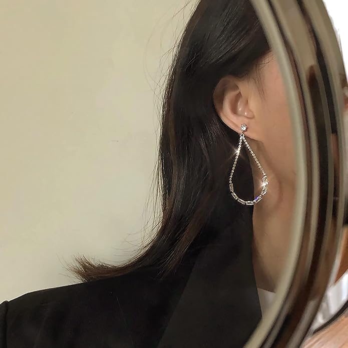 Luxval Rhinestone Earrings Dangling for Women Sparkly Silver Dangle Earrings Girls Long Chandelier Earrings Tassel Lightweight Ear Studs Cubic Zirconia Crystal Statement