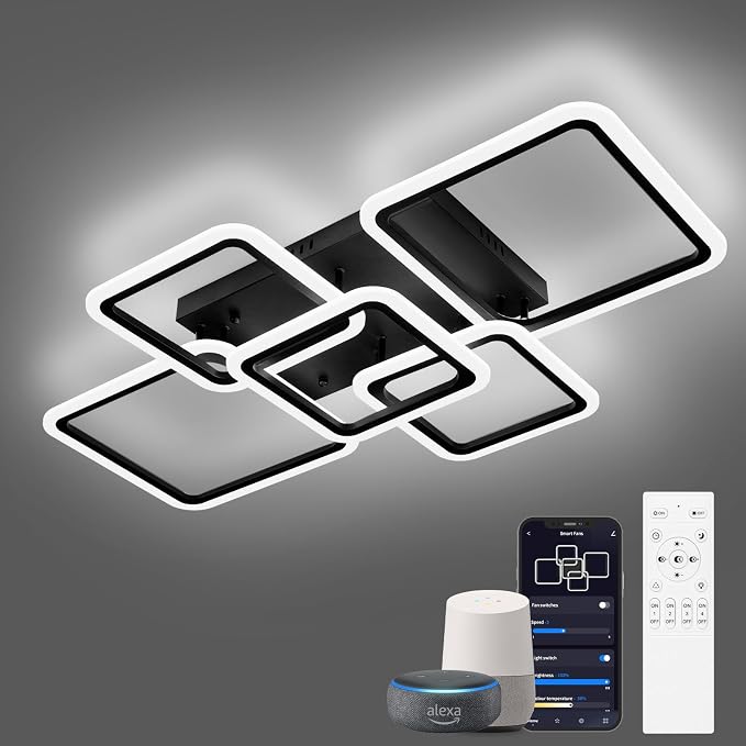 Smart LED Ceiling Light, 5-Square Flush Mount Ceiling Fixture, 95W Dimmable Acrylic Light with Remote, WiFi Alexa & App Control for Bedroom Living Room Dining Room (Black)
