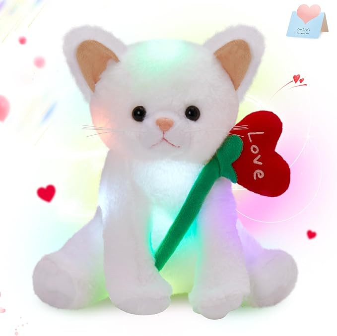 Houwsbaby 12" Valentine’s Day Light Up Cat Plush Toy, Glowing in Dark Kitty Stuffed Animal with Red Heart Flower Design, Romantic Gift for Valentine’s Day, Birthday, or Anniversary