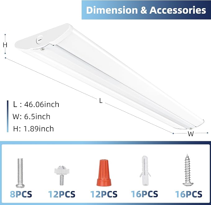 hykolity 4FT 6.4'' W LED Wraparound Light with 40W 4400lm 5000K, No Glare | 4 Foot LED Light Fixture, Low Profile, Flush Mount Ceiling Light for Garage, Workshop, Office, Kitchen, Basement,ETL, 4 Pack