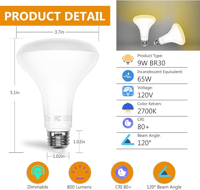 DAYBETTER BR30 Recessed Light Bulbs Equivelent 65W Dimmable Warm White 2700K, 12Pack 9W BR30 Indoor Flood Light Bulbs, E26 Base for Kitchen Bathroom, 120V