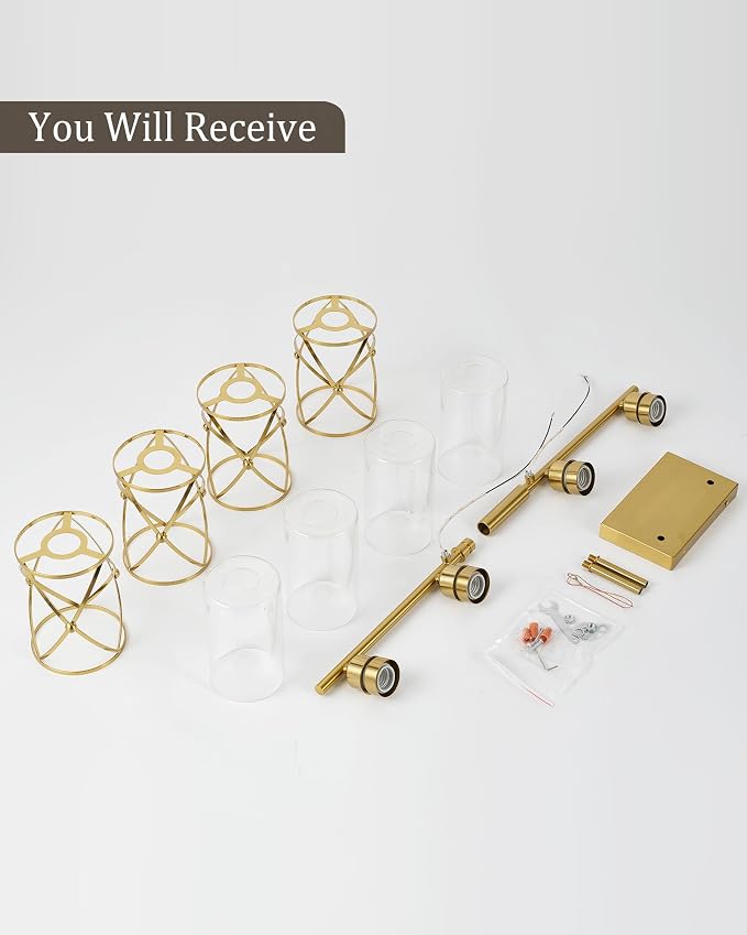 4-Light Brushed Gold Bathroom Light Fixtures, 29 Inch Modern Bathroom Vanity Lighting Fixtures Over Mirror with Clear Glass and Metal Cage Wall Sconce Lights for Bath, E26, CH9176BG-4W