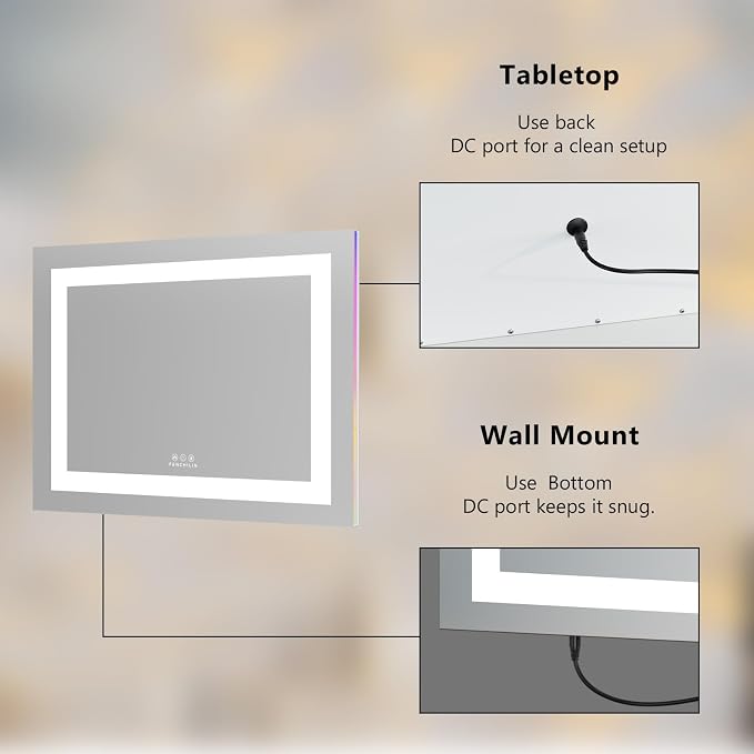 FENCHILIN Vanity Mirror with Lights, 23" x 18" RGB Backlit + Front Lit Hollywood Makeup Mirror LED Strip with 3 Colors Modes Smart Touch for Dressing Room & Bedroom Tabletop White