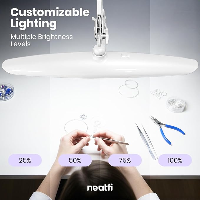 Neatfi XL 2200 Lumens 24W LED Desk Lamp – Shadow-Free Task Lighting | 4-Level Dimming | Home Office & Crafts Use | 20-Inch Wide Head (White, Non-CCT with Clamp)