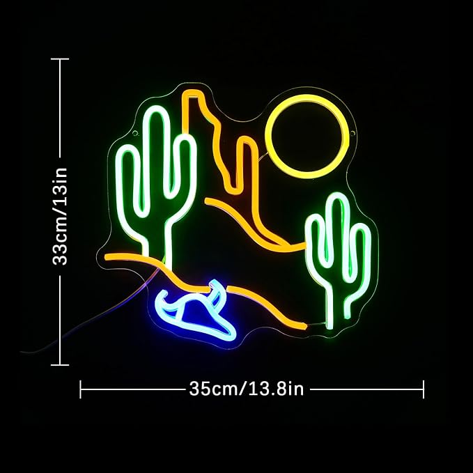 Desert Cactus Neon Sign for Wall Decor Desert Neon Light Sun LED Neon Sign Cactus Neon Light Up Sign for Bedroom Living Room Hotel Bar Scenic Area Decoration(13.7"*12.9")