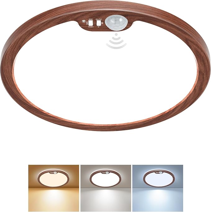 Motion Sensor Ceiling Light Wired, 8.7 Inch 3000K 4000K 5000K Selectable LED Flush Mount Light Fixture, Motion Activated Light with Timer for Hallway Stair Walk-in Closet, Non-Dimmable - Walnut