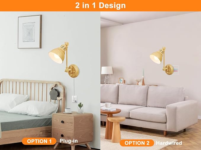 GOODATE 2 Pack Plug in Wall Sconces with Remote Control, Dimming, Adjustable Colors 2700K-6500K, Swing Arm Wall Lamps with Night Light & Timer, Plug-in or Hardwired, LED Bulbs Included, Oak Finish