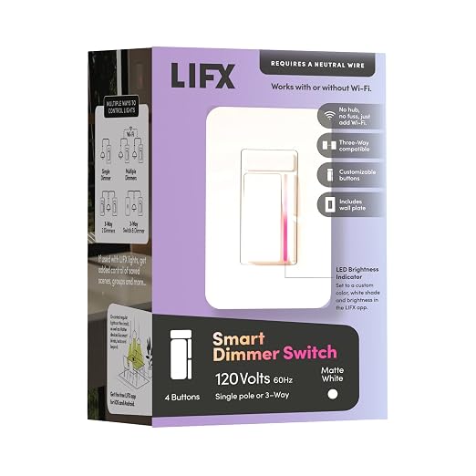 LIFX Smart Dimmer Switch - Wi-Fi 2.4GHz Matter Certified, 3-Way - 4-Button | Voice Control Alexa, Siri, Google, Scheduling, Single-Pole, Neutral Wire Required, works with smart & standard dimmable bulbs