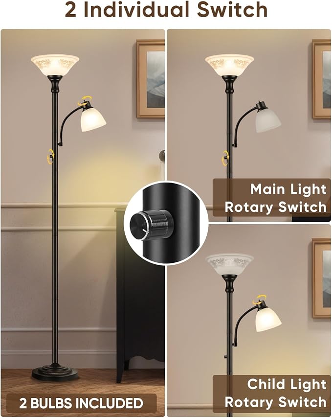 Torchiere Floor Lamps for Living Room, 71" Tall Standing Lamp with Thick Glass Shade, Metal Pole & Heavy Base, Vintage Corner Lamp with Reading Light for Bedroom Home Office, 3CCT Bulb Included