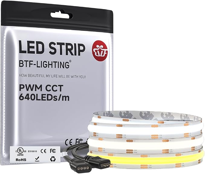 BTF-LIGHTING UL Listed Tunable White 3000K-6000K COB LED Strip Light,DC12V 9.8FT Dimmable CCT Ultra Bright Flexible LED Tape Light for Home Kitchen Office DIY Lighting(No Adapter or Controller)