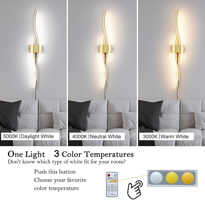 Daunton Modern Gold Plug in Wall Sconces Set of Two, RC Dimmable LED Plug in Wall Light, Wall Lamps with Plug in Cord for TV Wall Sconces, Gold Sconce Wall Lighting for Living Room, Hallway, Bedroom