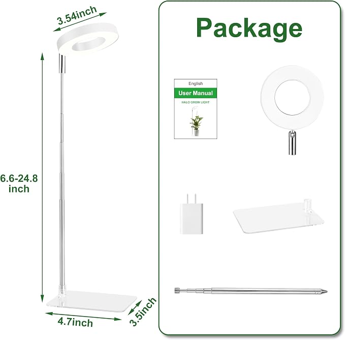White Grow Lights for Indoor Plants Full Spectrum, 48 LEDs Plant Light for Indoor Plants, Height Adjustable, Small Halo Growing Lamp with Base, Auto Timer 3/9/12H, 3 Light Spectrums,10 Brightness