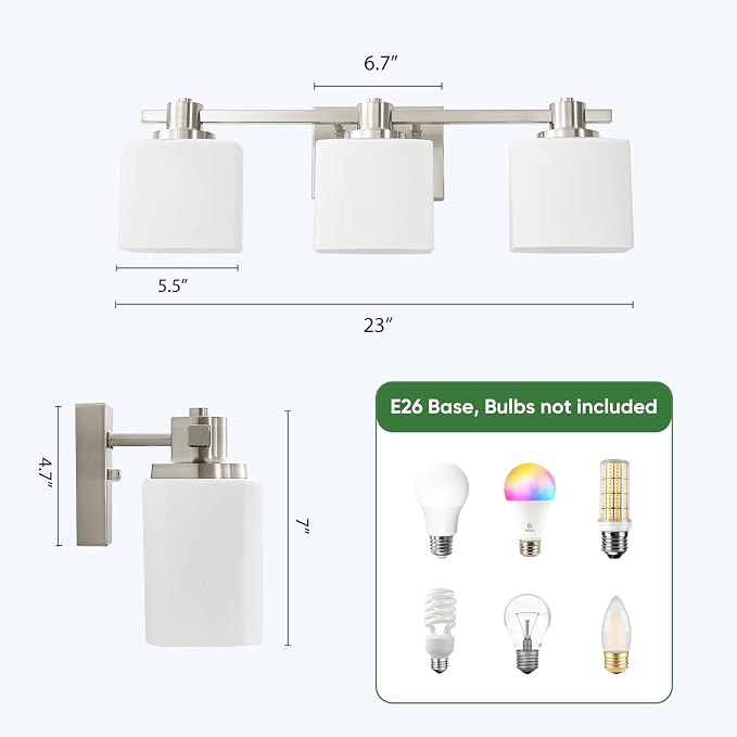 Bathroom Light Fixtures Over Mirror Bathroom Vanity Light Silver Modern Industrial Makeup Lighting Wall Sconce Farmhouse Rustic Milk Glass Lamp Desk Sink (Brushed Nickel, 23 Inch, 3 Light)