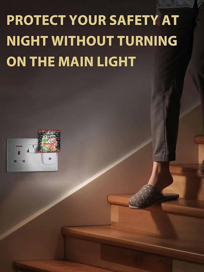 Christmas Night Lights Plug into Wall LED Night Light Christmas Tree Truck with Gift Red Plaid Automatic Dimmable Dusk-to-Dawn Square Shaped Smart Nightlight for Bathroom/Bedroom