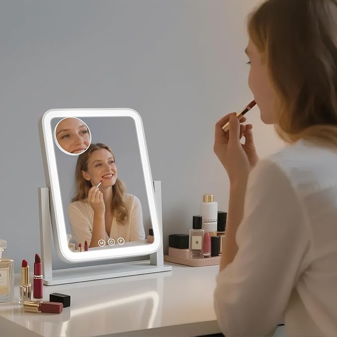 Vanity Mirror with Lights 12.6"x 16.2", LED Makeup Mirror, 3 Color Lighting Modes, 10X Magnification, Smart Touch Control, Dimmable, Aluminum Metal Frame, Lighted Up for Vanity Desk (White)