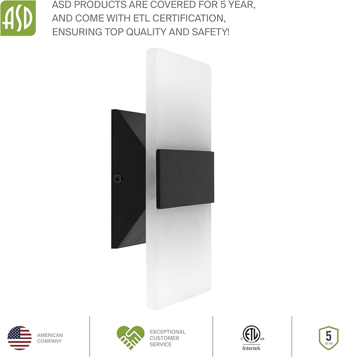 ASD 8 Inch Indoor LED Wall Sconce - 10W 2700K-5000K Dimmable Black Wall Sconce Lights for Living Room, Bedroom, Bathroom, Hallway - Modern Wall Sconces Hardwired, ETL Interior Light