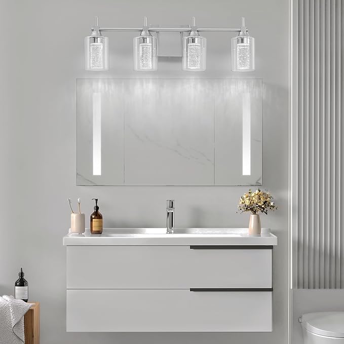 Vanity Light with 3 Color Modes (3000K/4000K/6000K), Eye Protection LED Bathroom Light Fixture, Dimmable Modern Wall Light Over Mirror with Clear Glass Shade (Brushed Nickel, 4-Light)