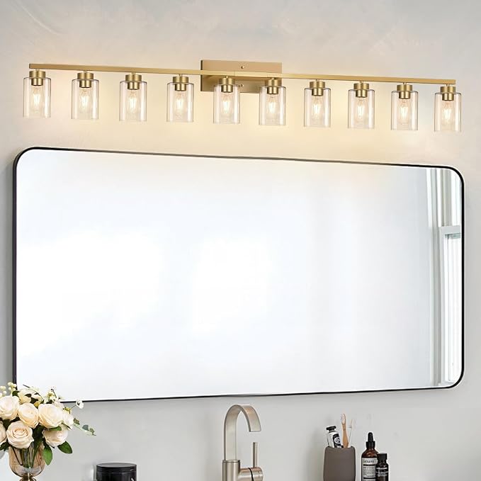 IZORRO Modern Bathroom Light Fixtures, 10 Light Gold Vanity Lights, Bathroom Lighting Fixtures Over Mirror with Clear Glass for Living Room Cabinet Bedroom