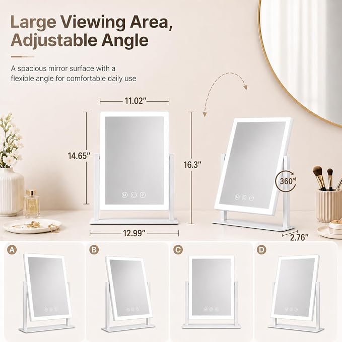 ROLOVE 16"x13" Vanity Mirror with Lights, Three Colors Lighting Mode, 360°Rotation, Lighted Makeup Mirror wih Stand for Desk, Bedroom, Dorm, Gifts for Women