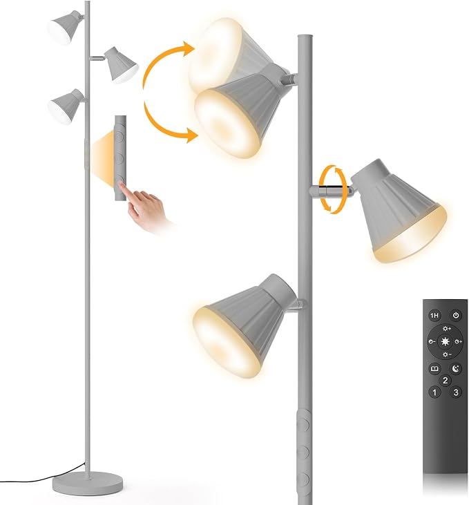 36W LED Tree Floor Lamp, Dimmable Tall Standing Lamp with Remote & Touch Control, 4 Color Temperatures Bright Floor Lamp, 3 Rotatable Light Modern Floor Lamps