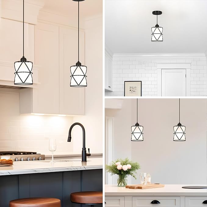 Modern Black Pendant Lights Kitchen Island 2 Pack, Farmhouse Frosted Glass Cylinder Pendant Light Fixture,Island Lights for Kitchen,Pendant Lighting for Home Decor - 5.51 Inch Shade 59.06 Inch Cord