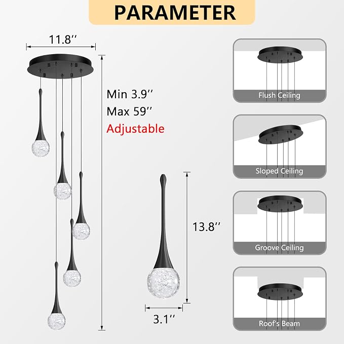cenzoz 5-Lights Modern Pendant Lights for Kitchen Island LED Dimmable Chandelier Crystal Glam Ceiling Pendant Lighting for Dining Room Hallway Bedroom Lamp Black