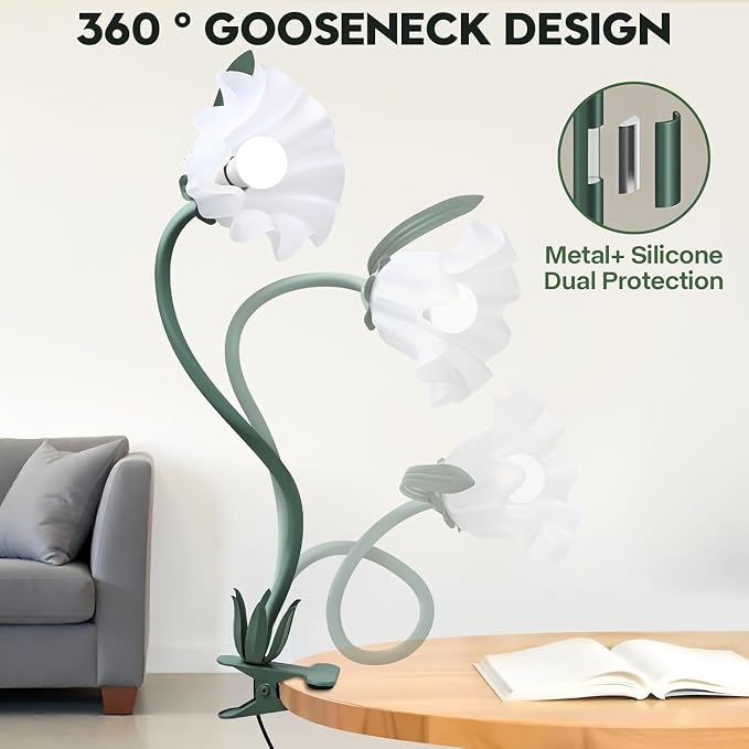 Clip On Flower Lamp for Bedroom, Aesthetic Bedside Reading Light with Flexible Gooseneck, 3 Color Modes Cute Desk Lamp Decor for Dorm Room, Headboard, Nightstand and Home Office
