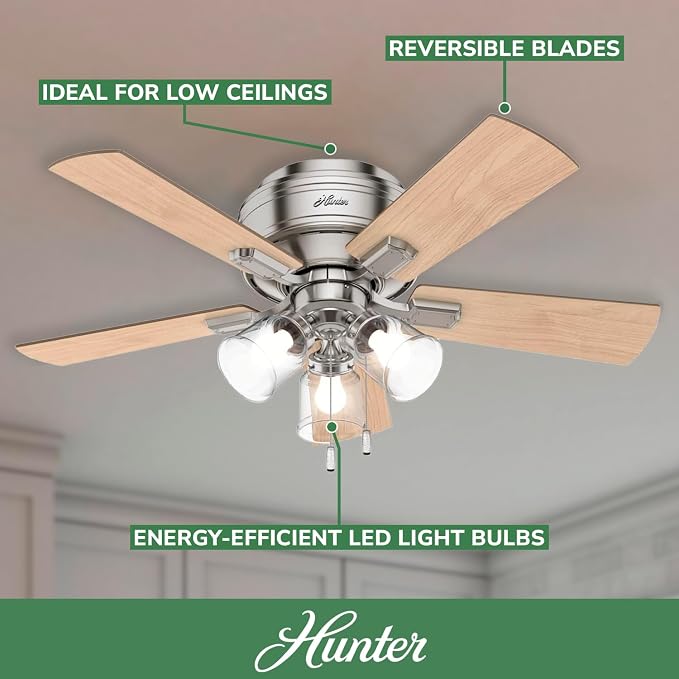 Hunter Crestfield, Indoor, Ceiling Fan, Quiet, 42 inch, Brushed Nickel | with LED Lights and Pull Chain, Low Profile Flush Mount, 5 Blades, For Bedroom, Living Room, Kitchen, 52154