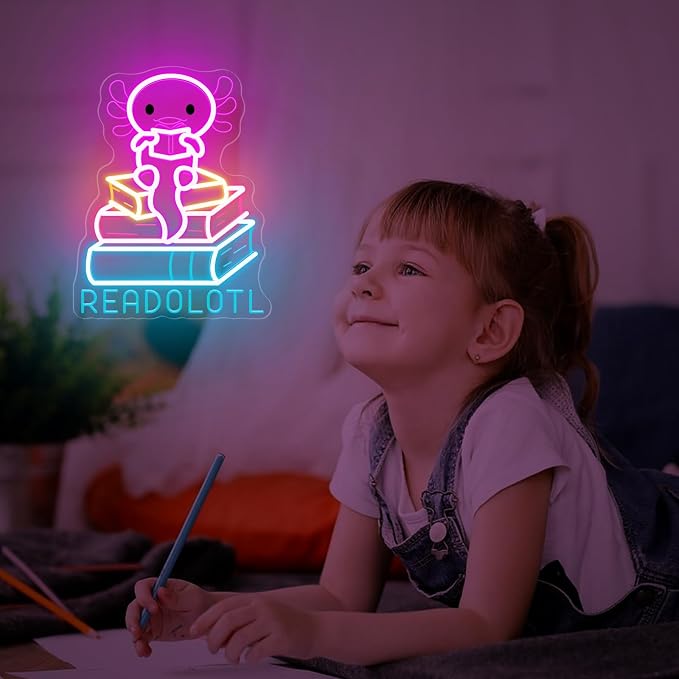 Axolotl Reading Neon Sign, Book Lover LED Light for Classroom Decor | Reading Corner, Classroom Decor, Book Nook, Library Display, Teacher Gift, Cozy Study Space, USB Powered, Soft Glow
