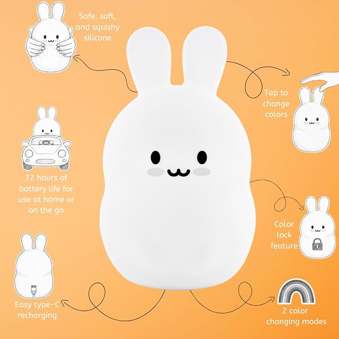 Lumipets Junior Bunny Night Light, Soft Silicone Material, 8 Soothing Colors, Cordless, Easy Control, Portable