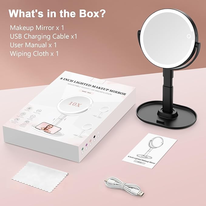 Lighted Makeup Mirror with 10X Magnification, Rechargeable LED Magnifying Vanity Mirror with 3 Lights, Adjustable Height, Storage Base and Phone Holder, Black, 7 inch